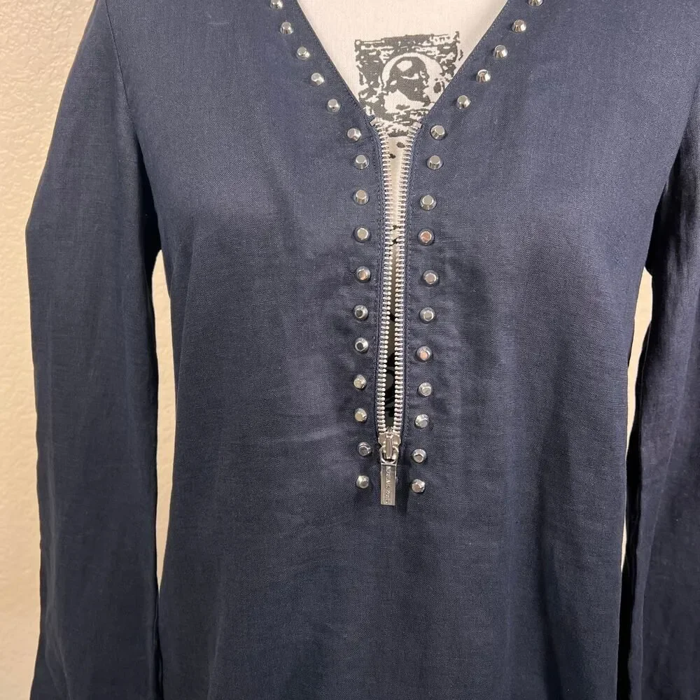 Michael Kors 100% Linen Black Shirt Studded zip Top Blouse Sz Small